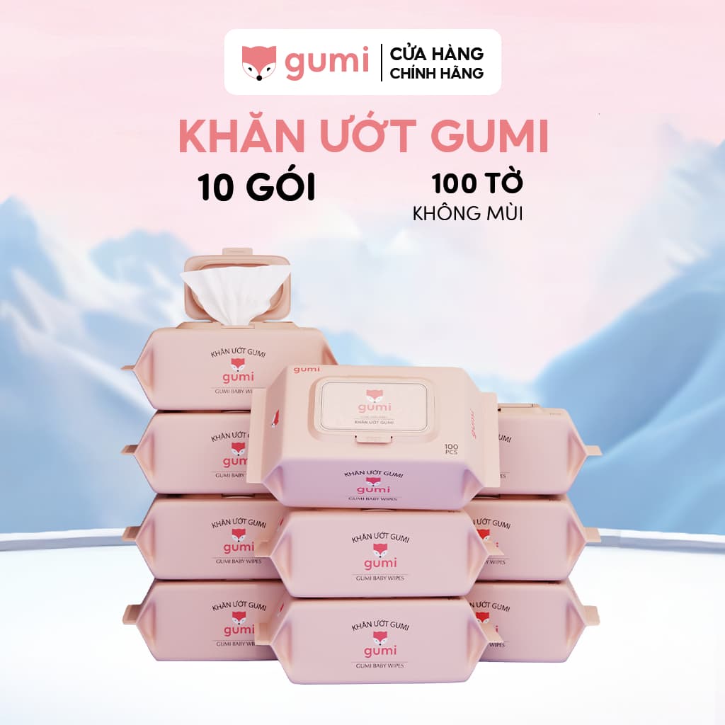 Thùng 10 gói khăn ướt Gumi không cồn không parabens cao cấp dành cho em bé